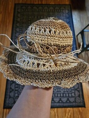 Crochet Straw Sun Hat in Natural Beige and Brown